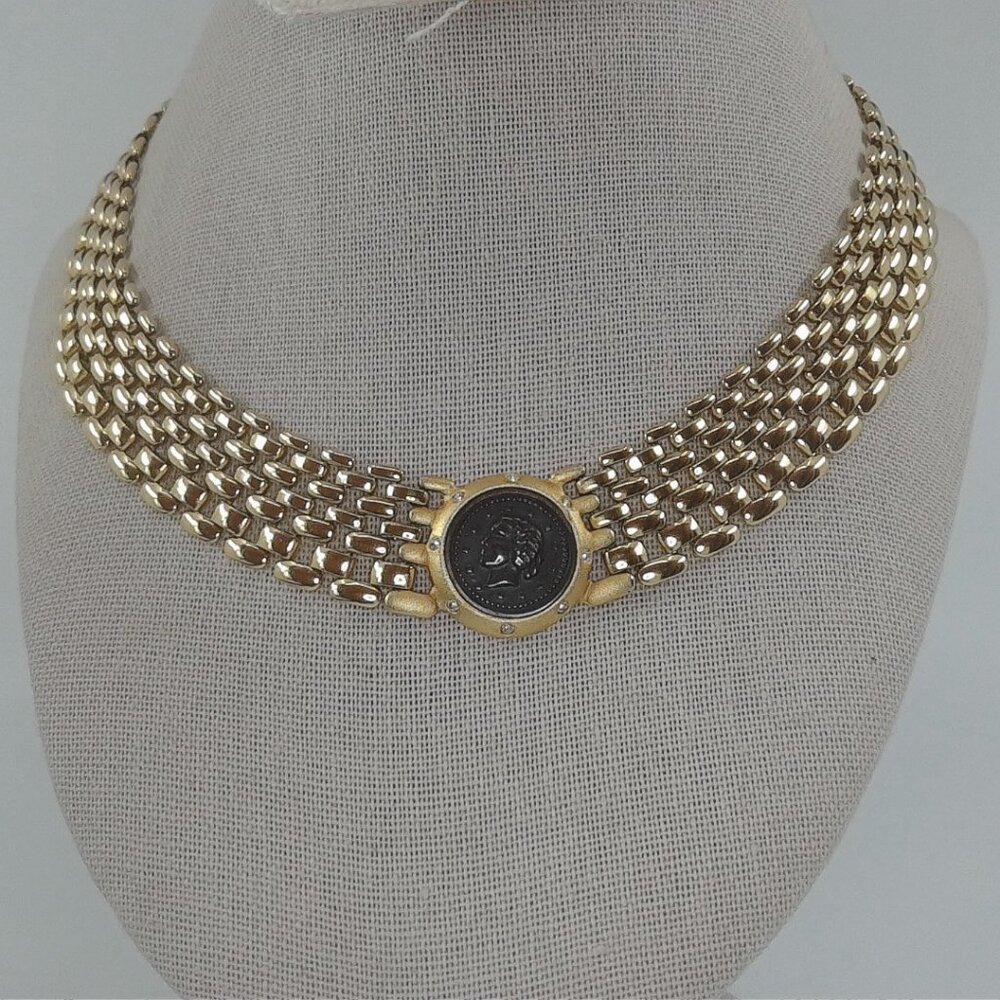 Vintage Gold Tone Roman Coin-Style Choker Necklace – 15 in